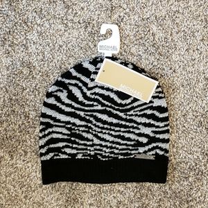 Michael Kors Metallic Zebra Pattern Beanie Hat, Silver/Grey/Black, One Size